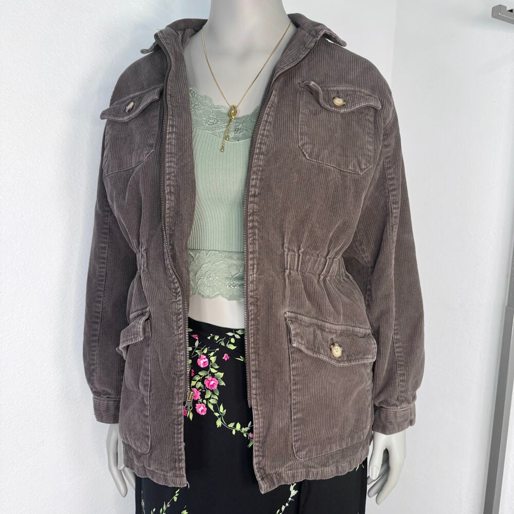 Vintage 90s Cord Corduroy Brown Chore Barn Coat Jacket Pockets Size Medium - Picture 2 of 7
